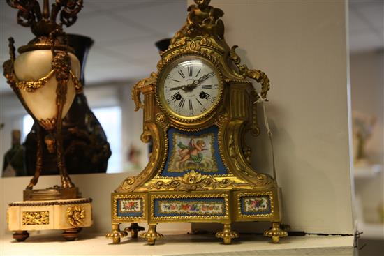 A 19th century French ormolu and Sevres style mantel clock, 14.5in.